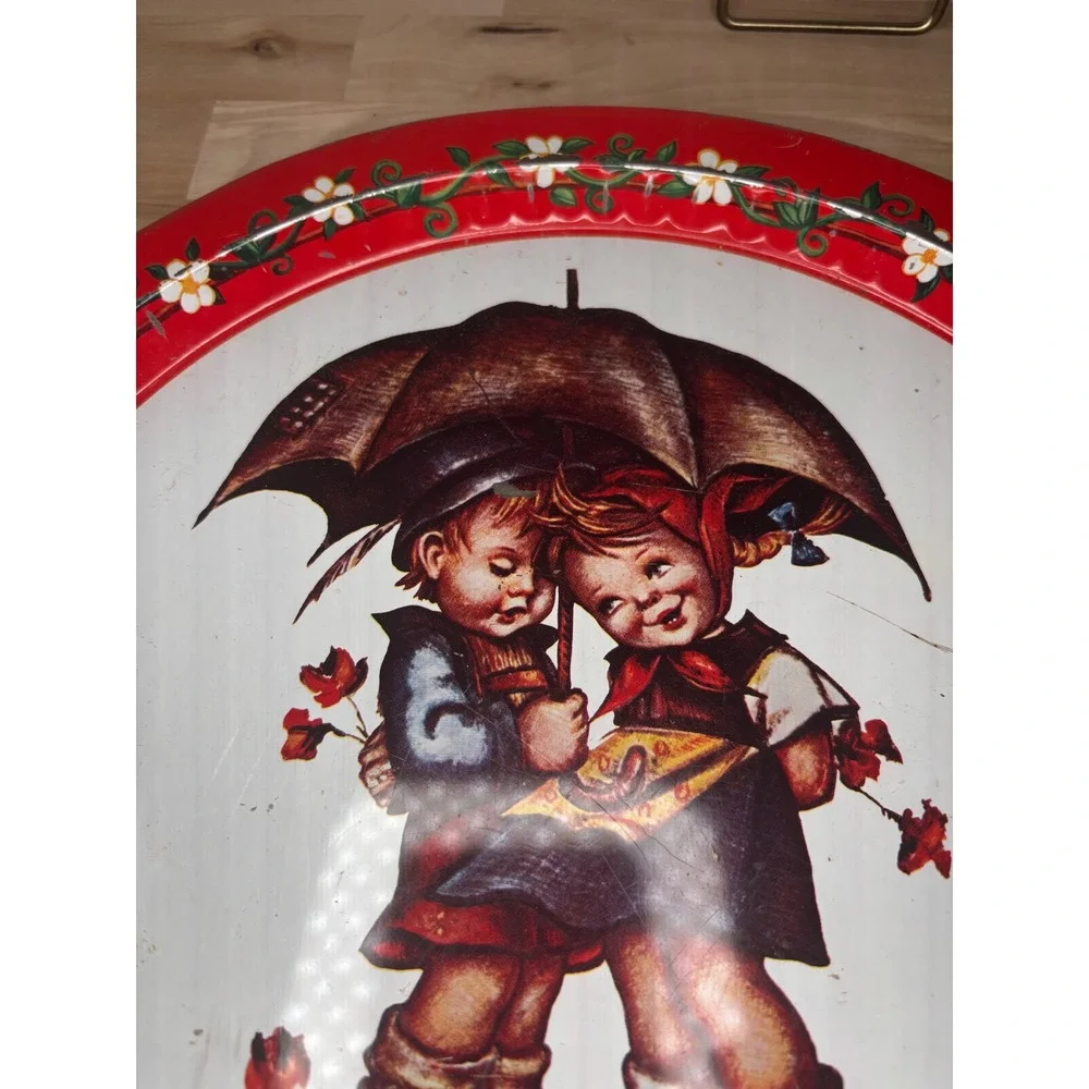 Vintage Giftco Hummel Style Metal Serving Tray Red Floral Boy Girl Umbrella 13in